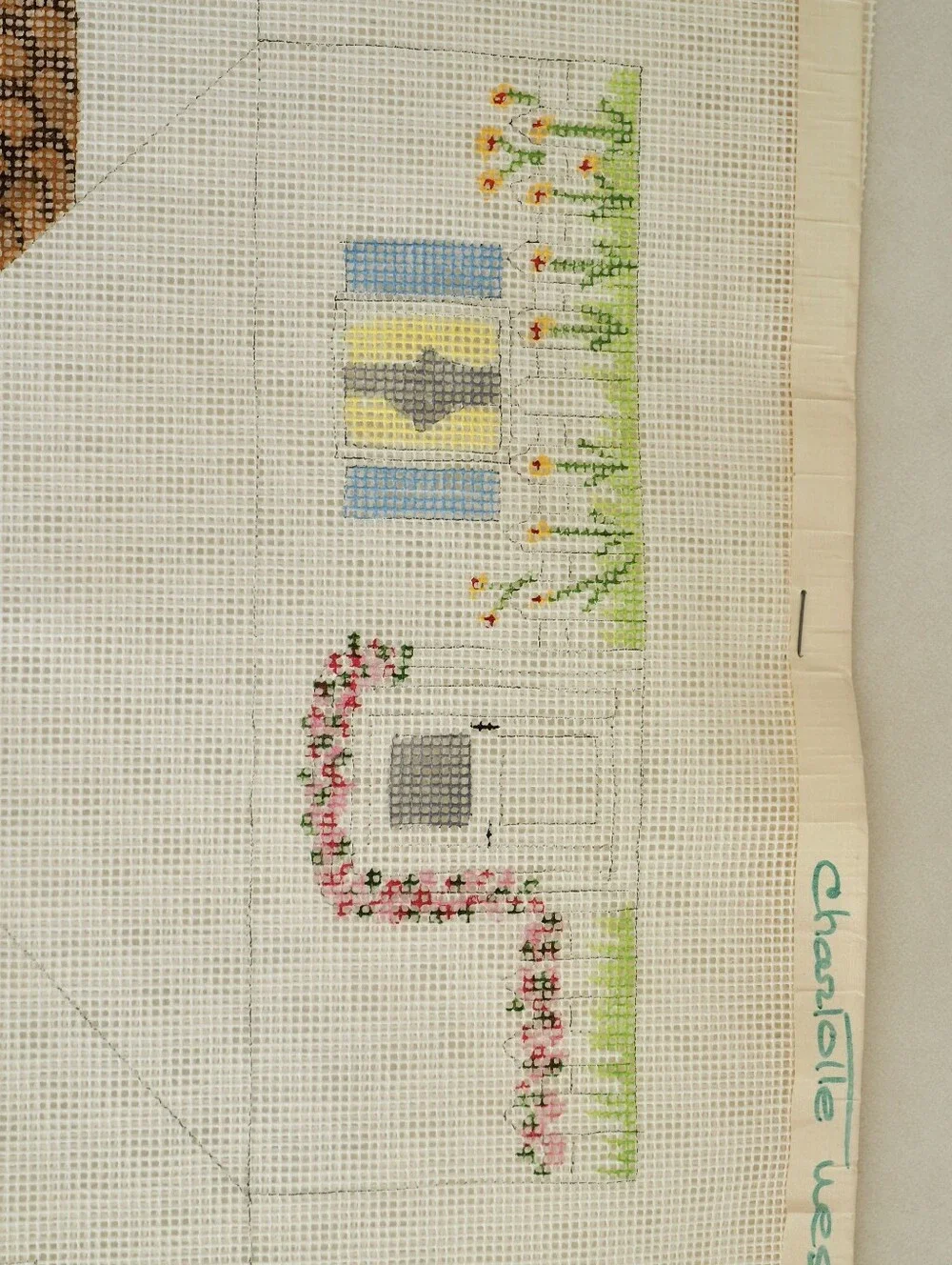Charlotte Westerfield Vintage Hand Paint Needlepoint Canvas 3D House Brick Cover